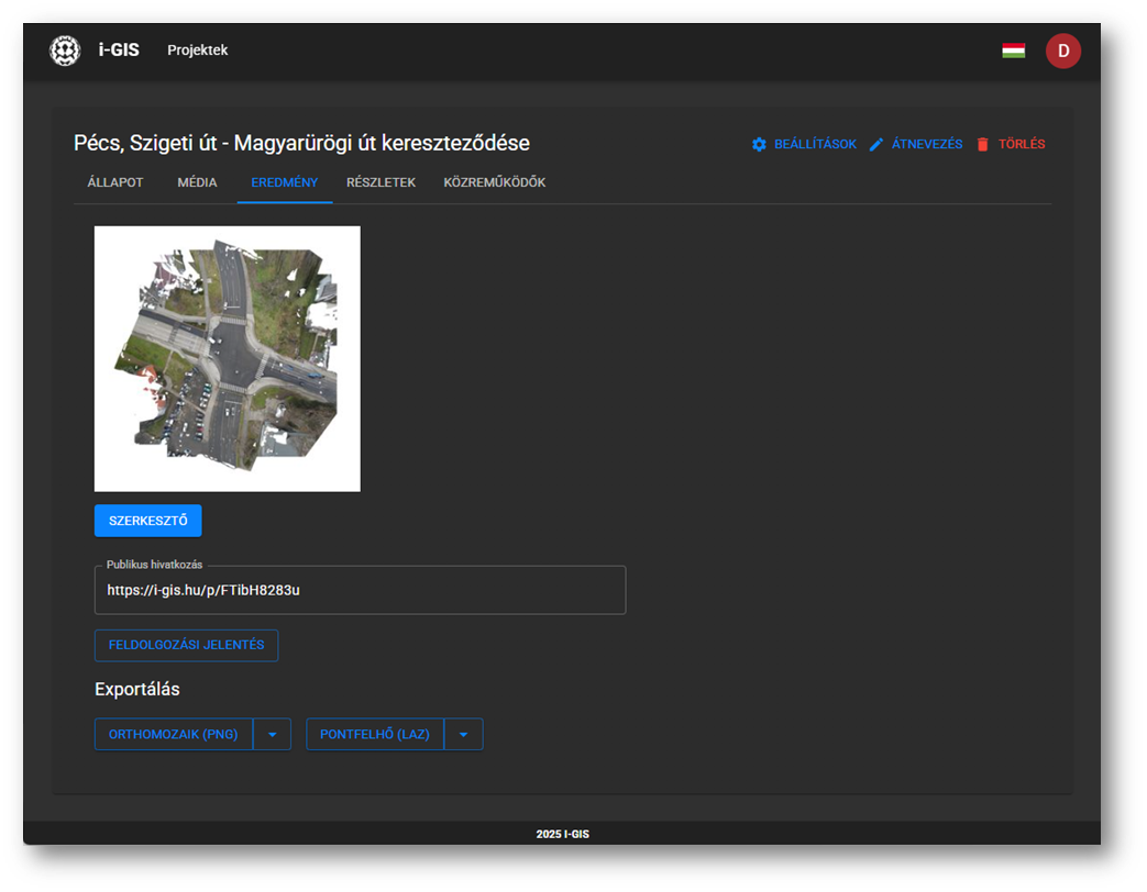 Eredmény fül - pontfelhő, ortomozaik